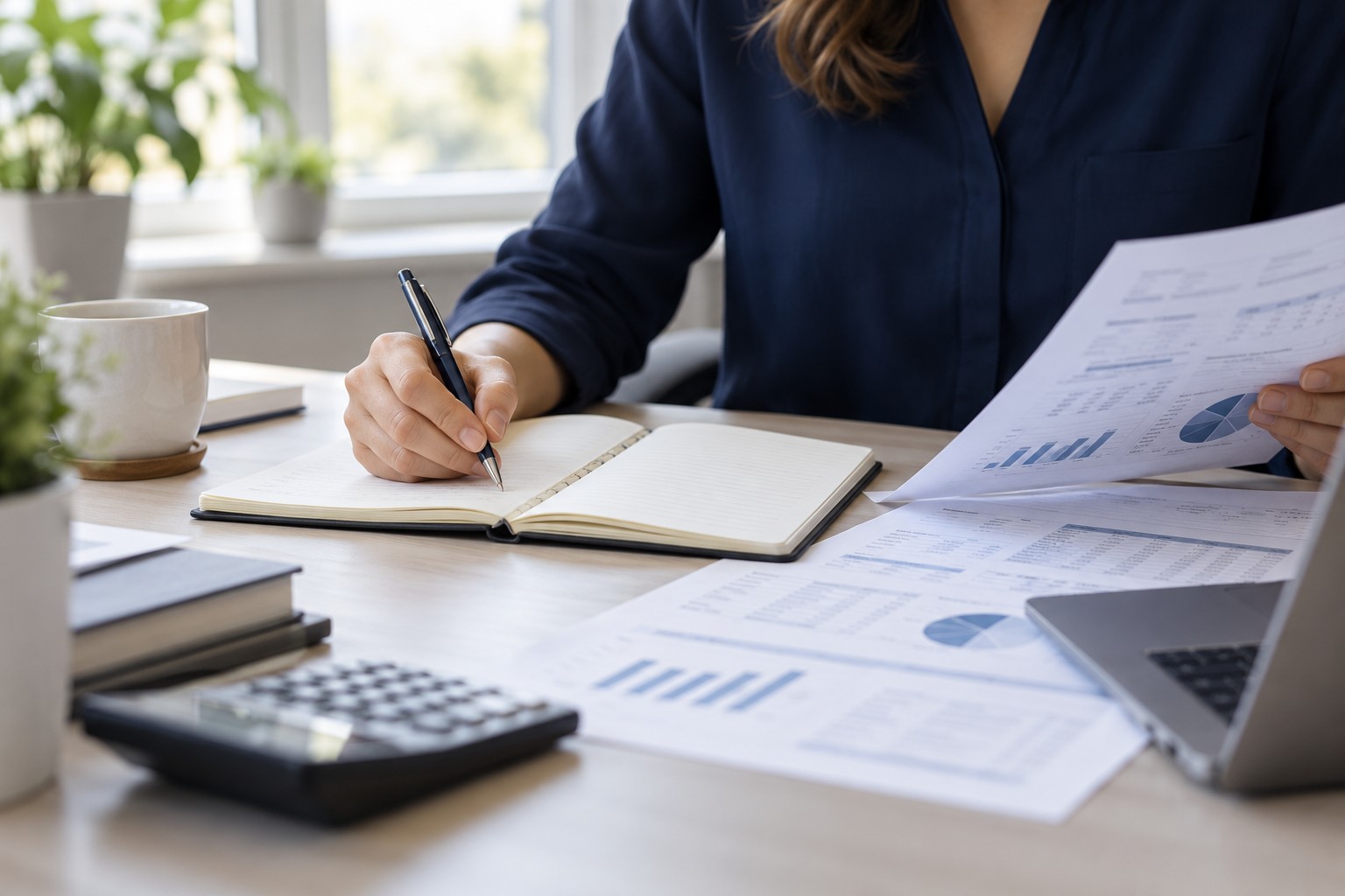 A person reviewing accounts and writing notes in a notepad